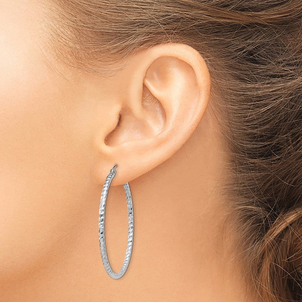 Sterling Silver Rhodium Plated Diamond-cut 2x40mm Hoop Earrings