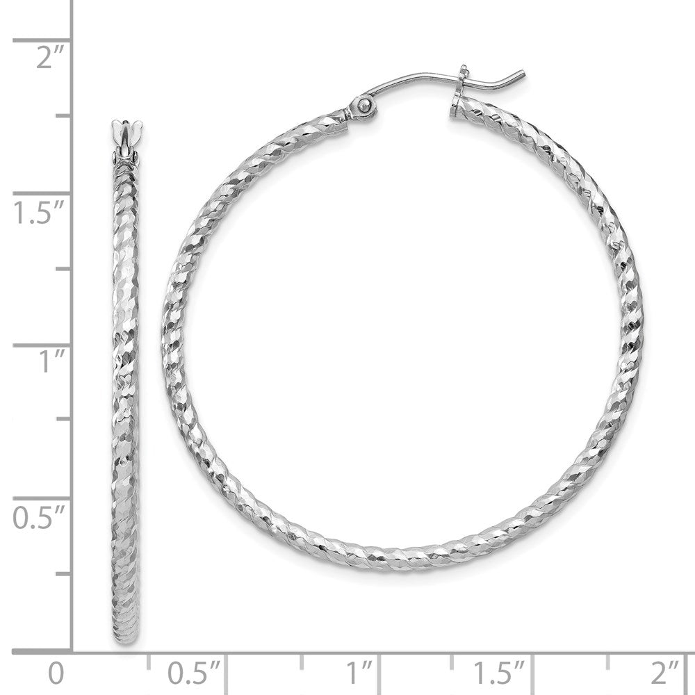 Sterling Silver Rhodium Plated Diamond-cut 2x40mm Hoop Earrings