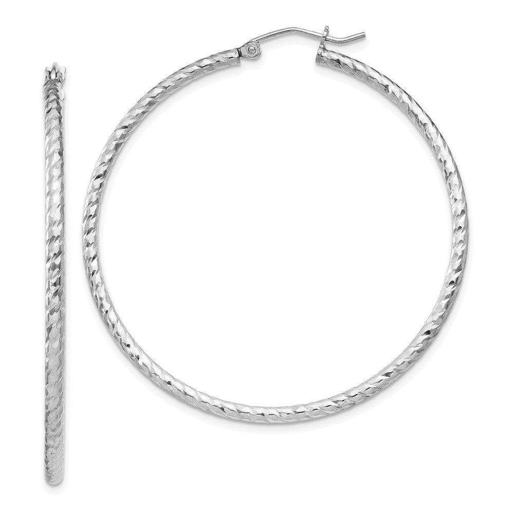 Sterling Silver Rhodium Plated Diamond-cut 2x45mm Hoop Earrings