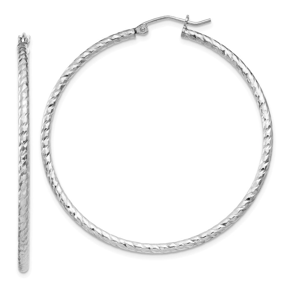 Sterling Silver Rhodium Plated Diamond-cut 2x50mm Hoop Earrings