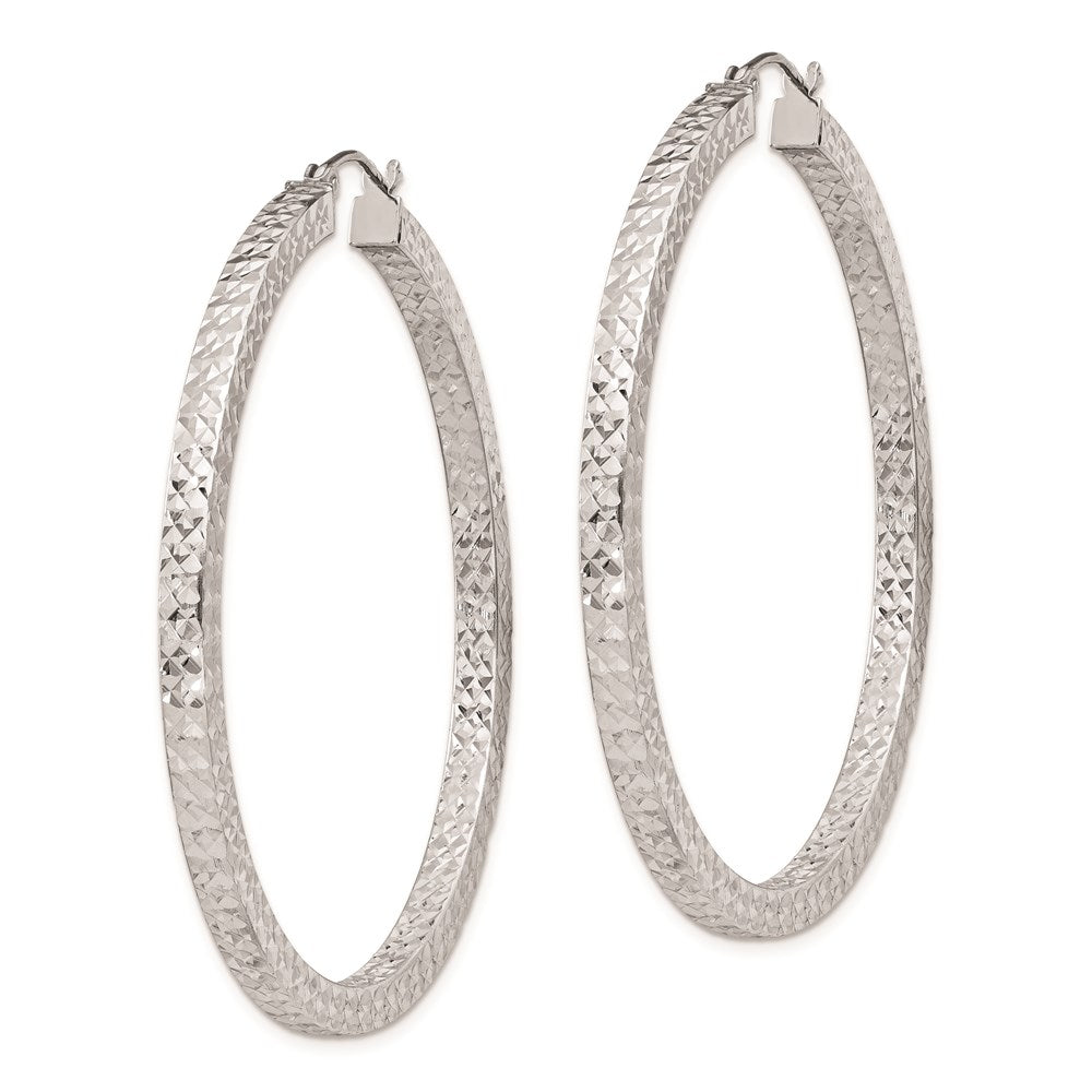 Sterling Silver Rhodium-plated Diamond-cut 3x50mm Square Tube Hoop Earrings