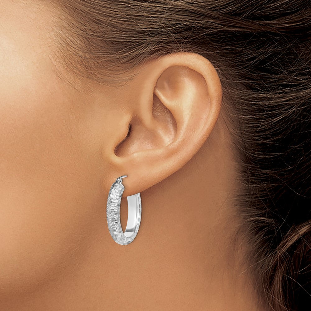 Sterling Silver Rhodium-plated Diamond-cut 5mm Oval Hoop Earrings