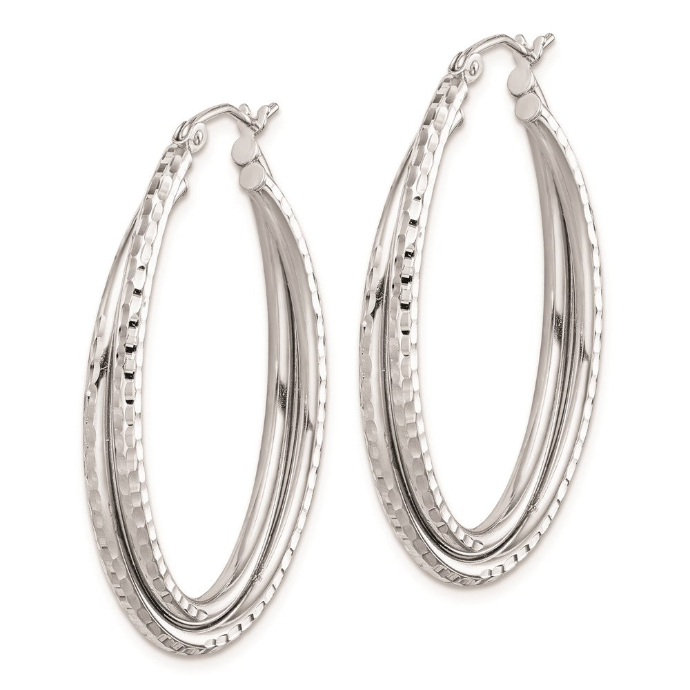 Sterling Silver Rhodium Plated Textured Double Oval Hoop Earrings