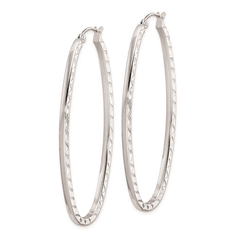 Sterling Silver Rhodium-plated Diamond-cut 2mm Oval Hoop Earrings
