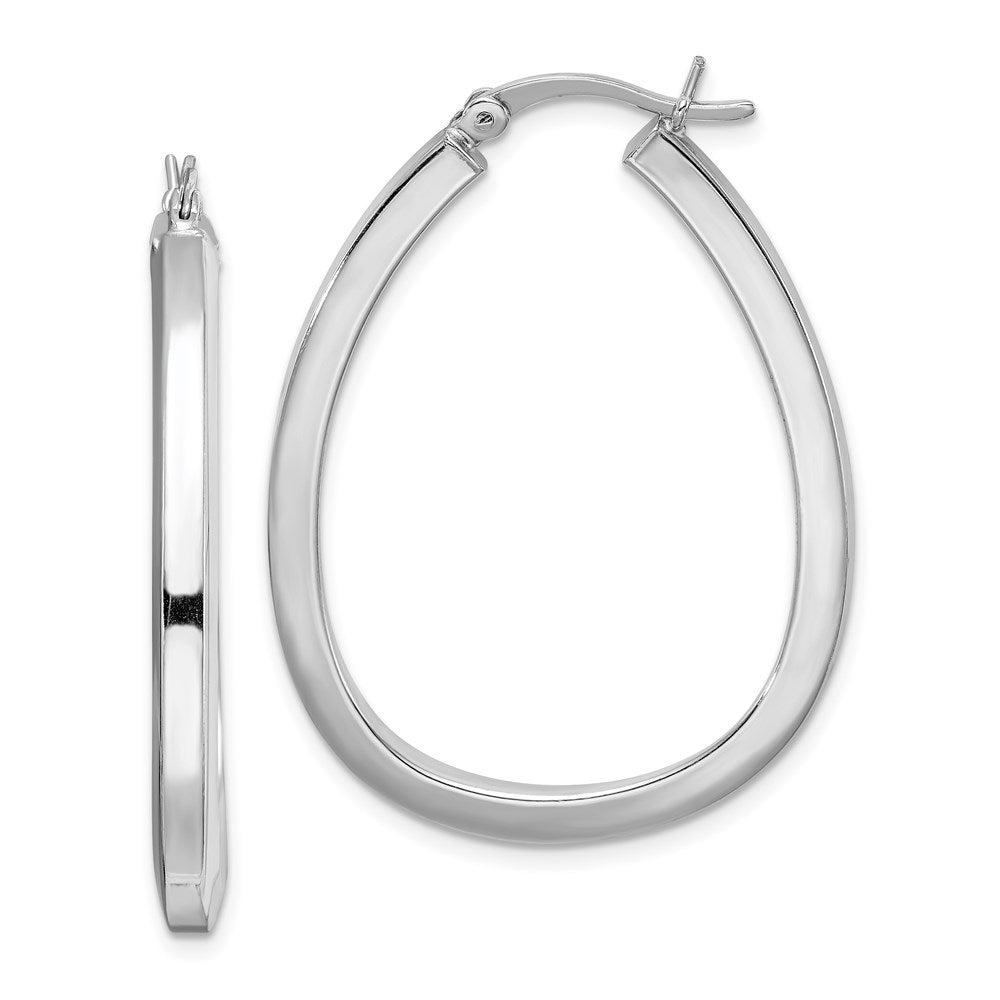 Sterling Silver Rhod-plated Square Tube 4mm Teardrop Hoop Earrings