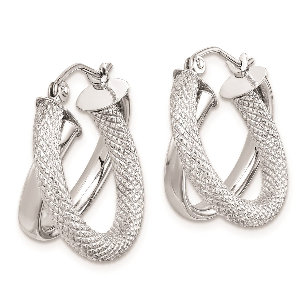 Sterling Silver Rhodium Plated Polished Diamond-cut Hoop Earrings