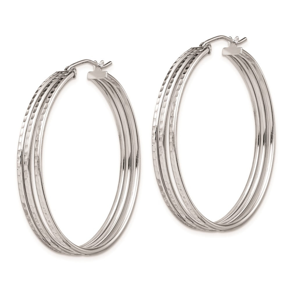 Sterling Silver Rhodium Plated Textured Fancy Hoop Earrings