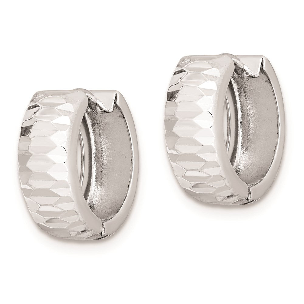 Sterling Silver Rhodium Polished Textured Hinged Hoop Earrings