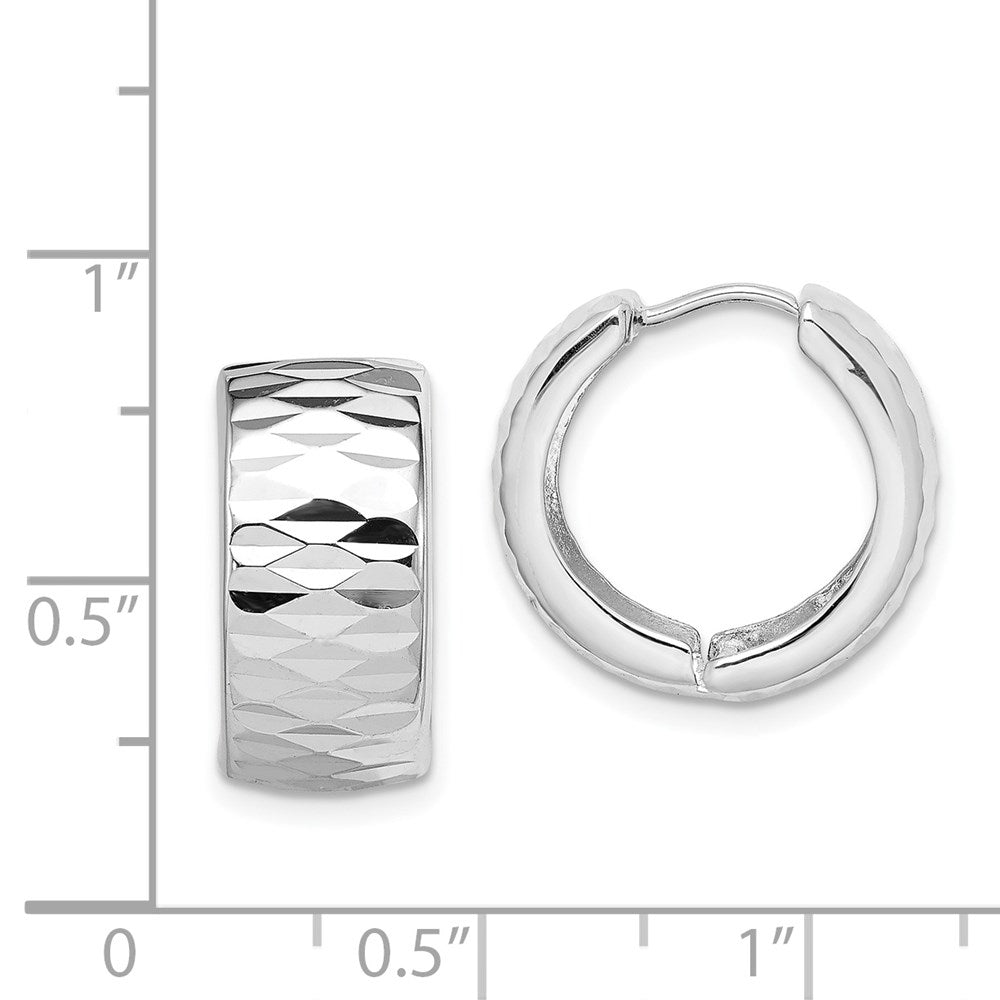 Sterling Silver Rhodium Polished Diamond Cut Hinged Hoop Earrings