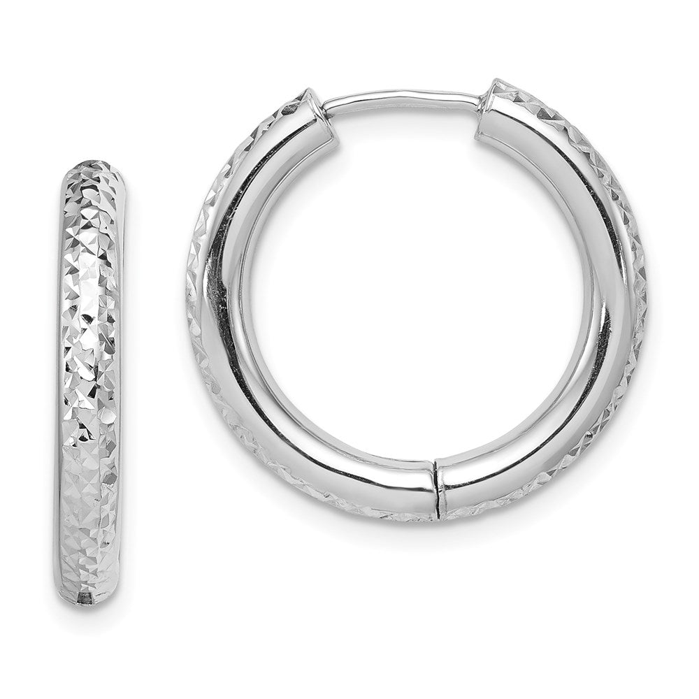 Sterling Silver Rhodium Polished Diamond Cut Hinged Hoop Earrings
