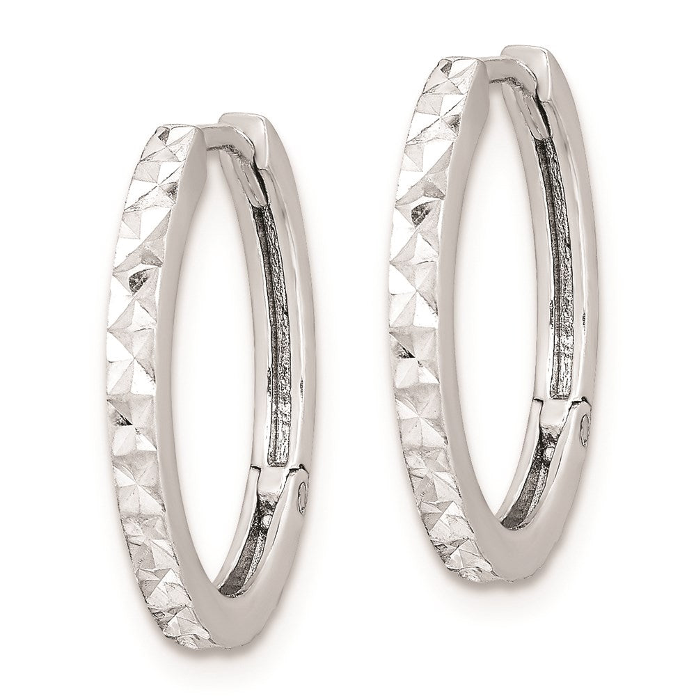 Sterling Silver Rhodium Polished Diamond Cut Hinged Hoop Earrings