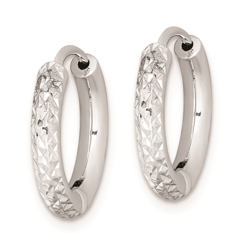 Sterling Silver Rhodium Polished Diamond Cut Hinged Hoop Earrings