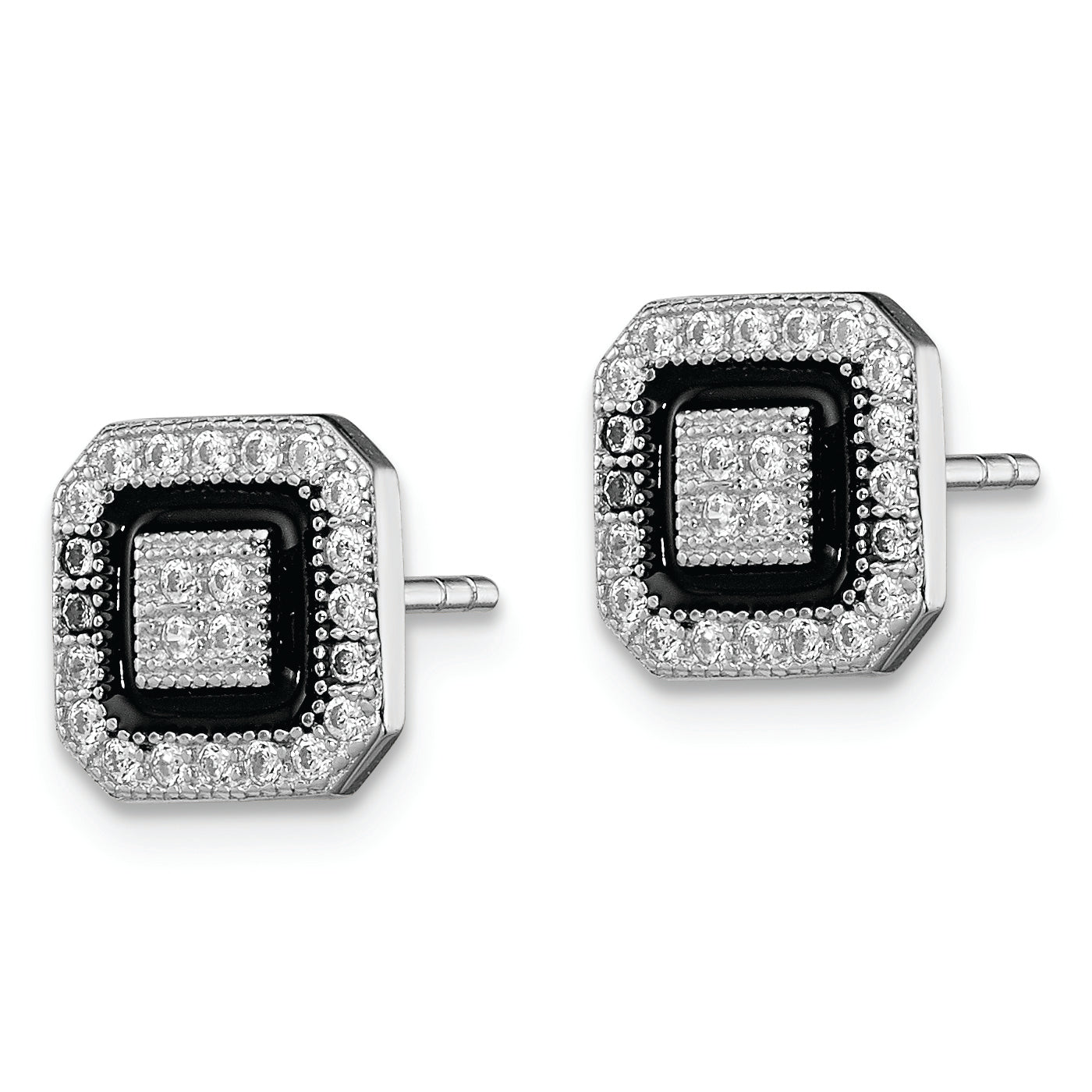 Sterling Silver RH-plated Black Enamel & PavÇ CZ Square Halo Post Earrings
