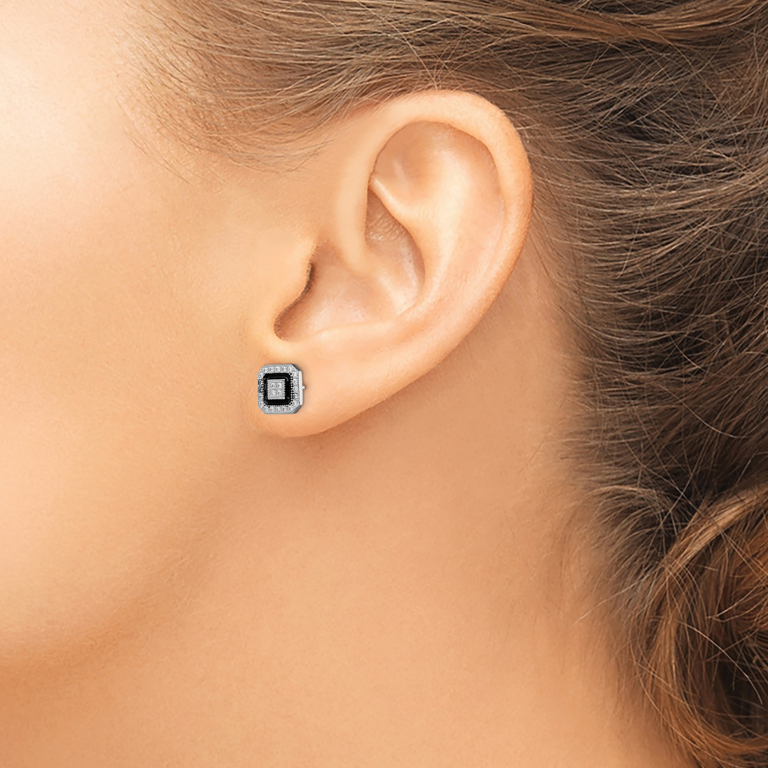 Sterling Silver RH-plated Black Enamel & PavÇ CZ Square Halo Post Earrings