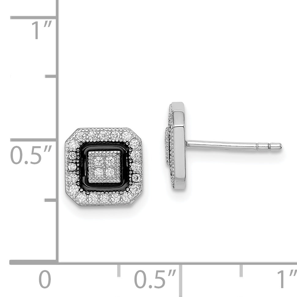 Sterling Silver RH-plated Black Enamel & PavÇ CZ Square Halo Post Earrings