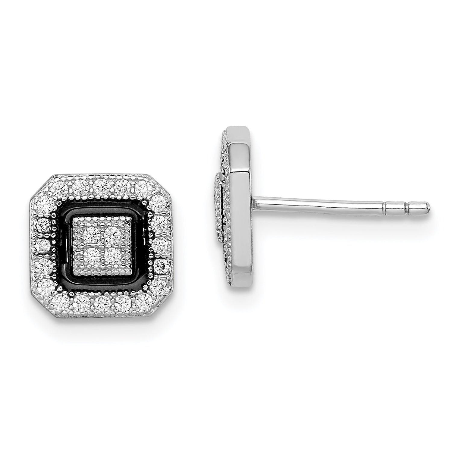 Sterling Silver RH-plated Black Enamel & PavÇ CZ Square Halo Post Earrings