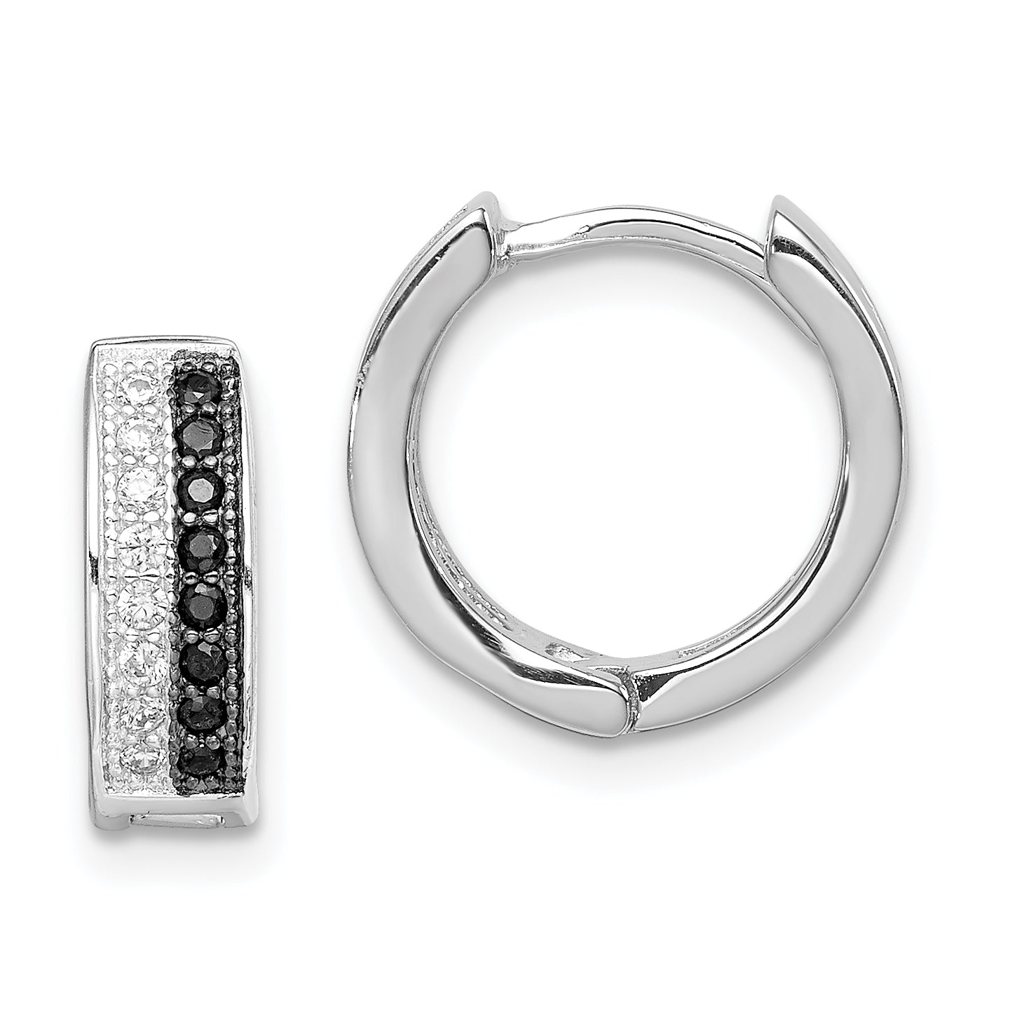 Sterling Silver RH-plated Black & White CZ Hinged Round Hoop Earrings