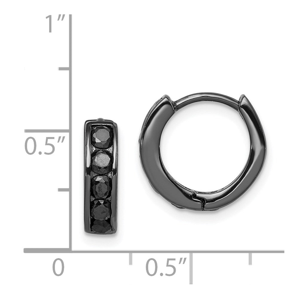 Sterling Silver Black RH-plated Black CZ Hinged 4mm Round Hoop Earrings