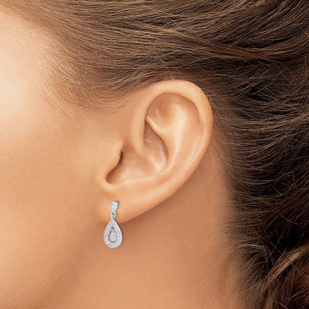Sterling Silver Rhodium-plated CZ PavÇ Pear Dangle Post Earrings