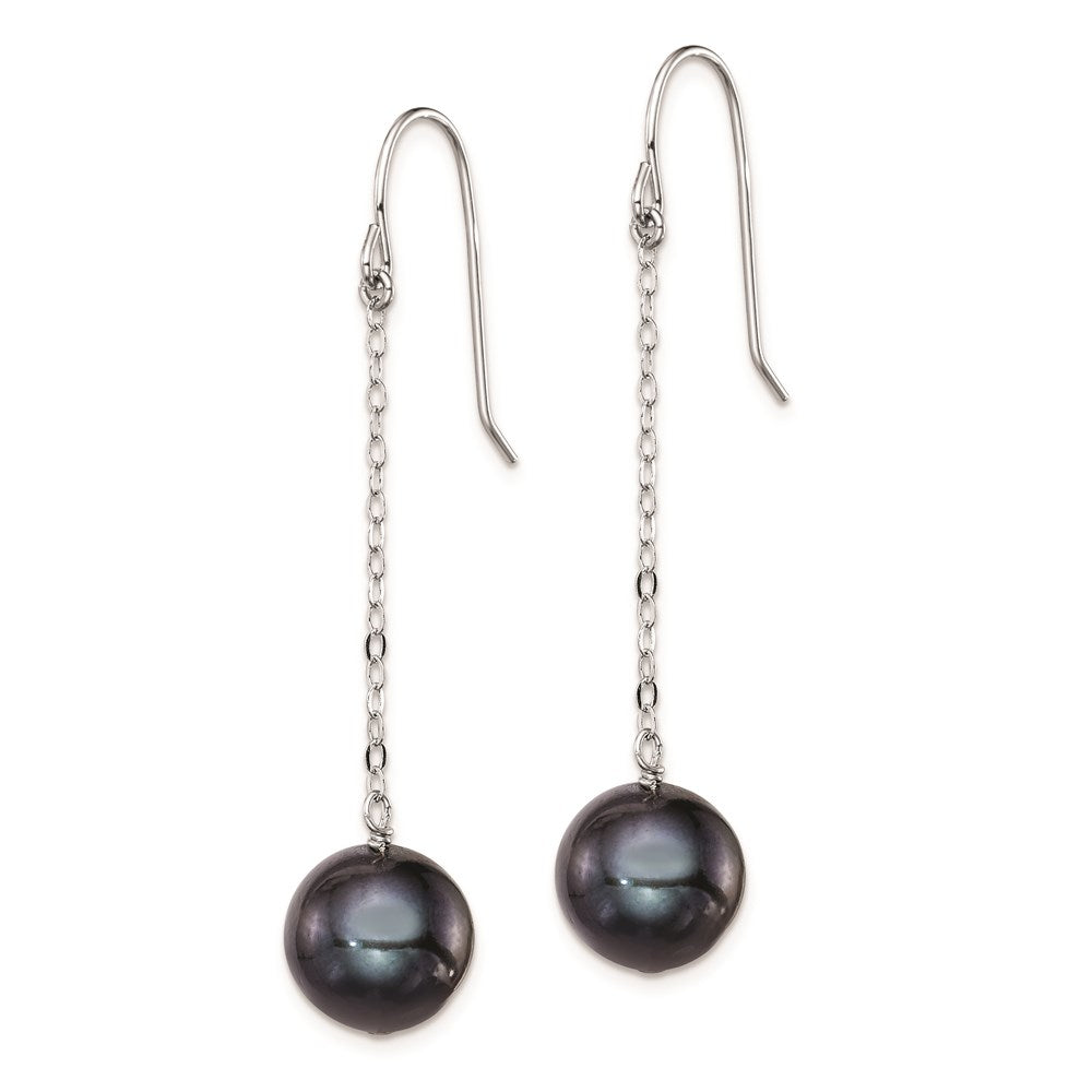 Sterling Silver Rhodium-plated Polished 9-10mm Black Freshwater Cultured Pearl Dangle Earrings