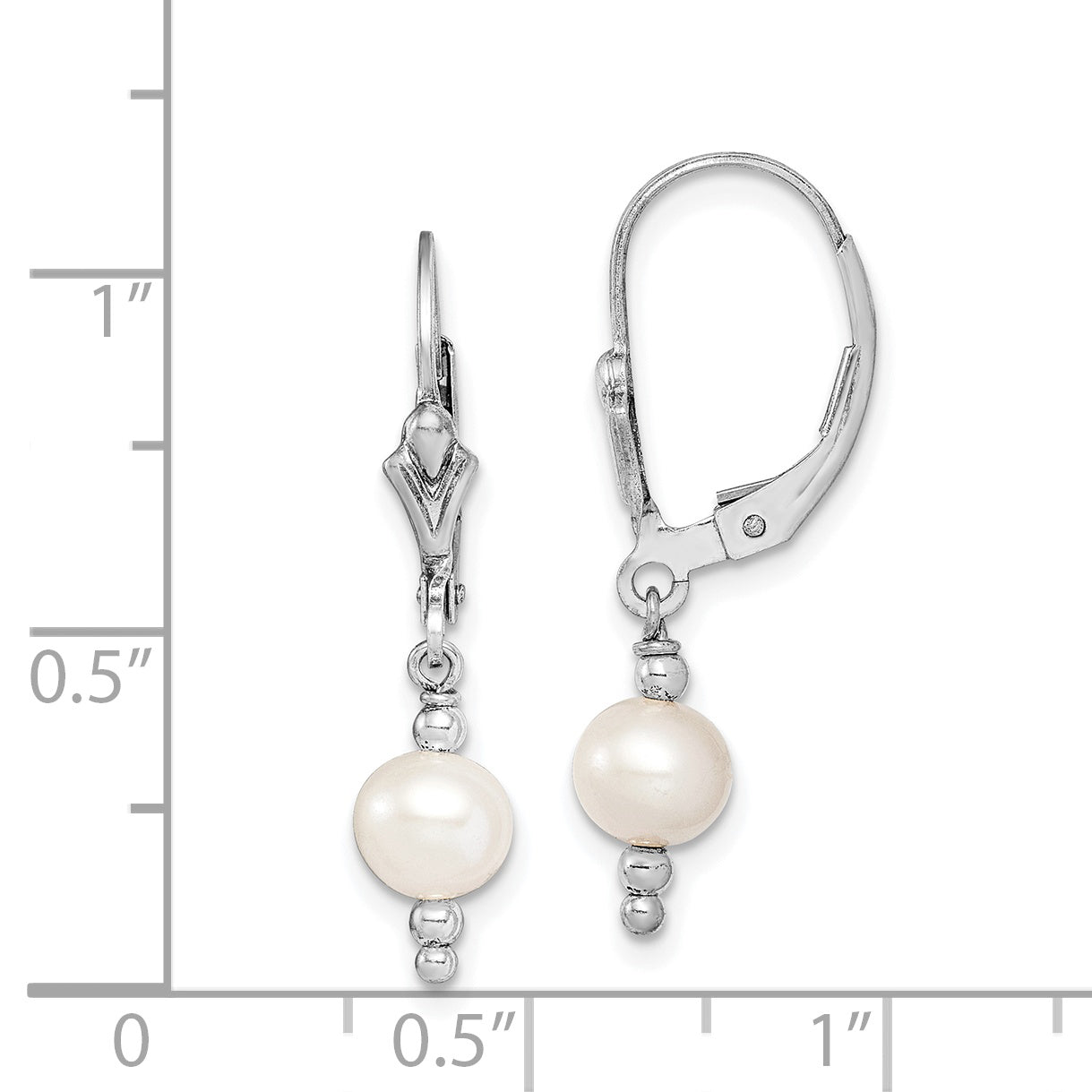 Sterling Silver Rhodium-plated 6-7mm White Semi-Round Freshwater Cultured Pearl Leverback Dangle Earrings