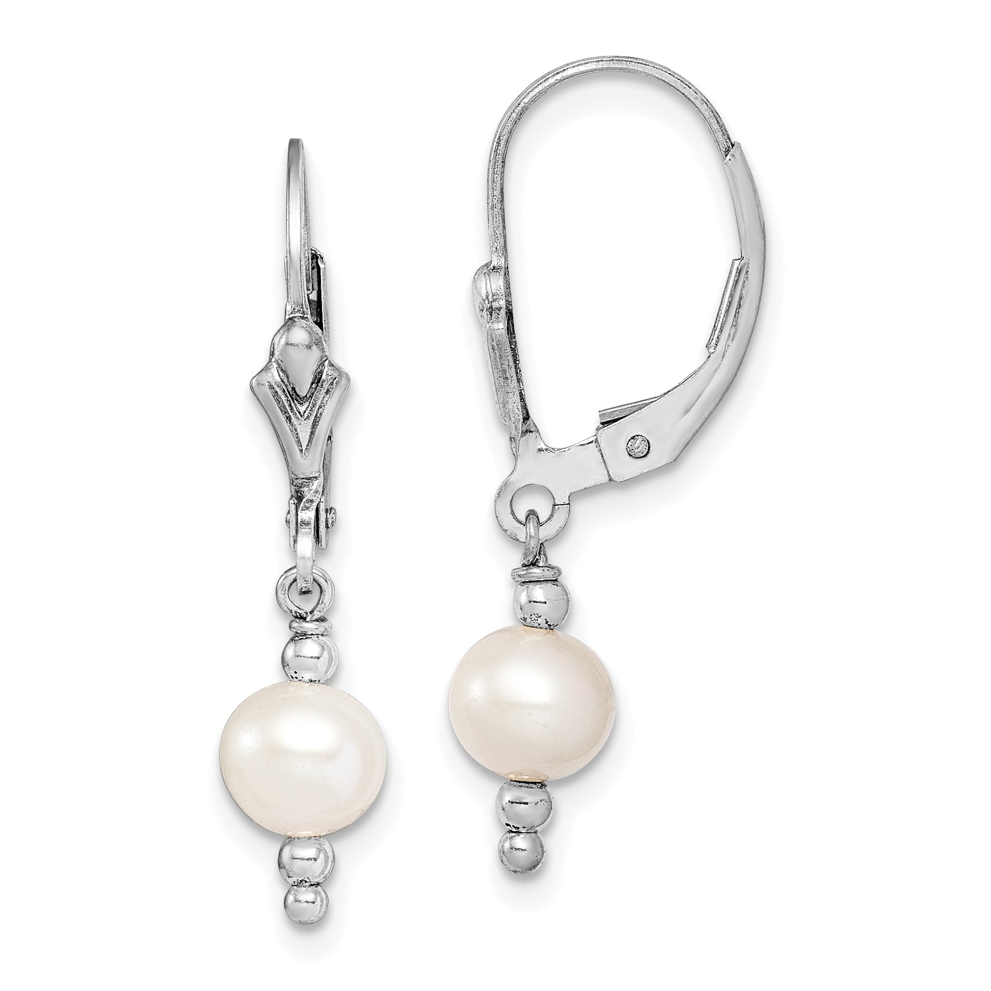 Sterling Silver Rhodium-plated 6-7mm White Semi-Round Freshwater Cultured Pearl Leverback Dangle Earrings