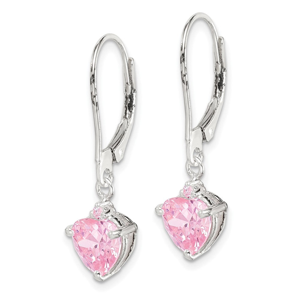 Sterling Silver Polished Pink CZ Heart Leverback Dangle Earrings