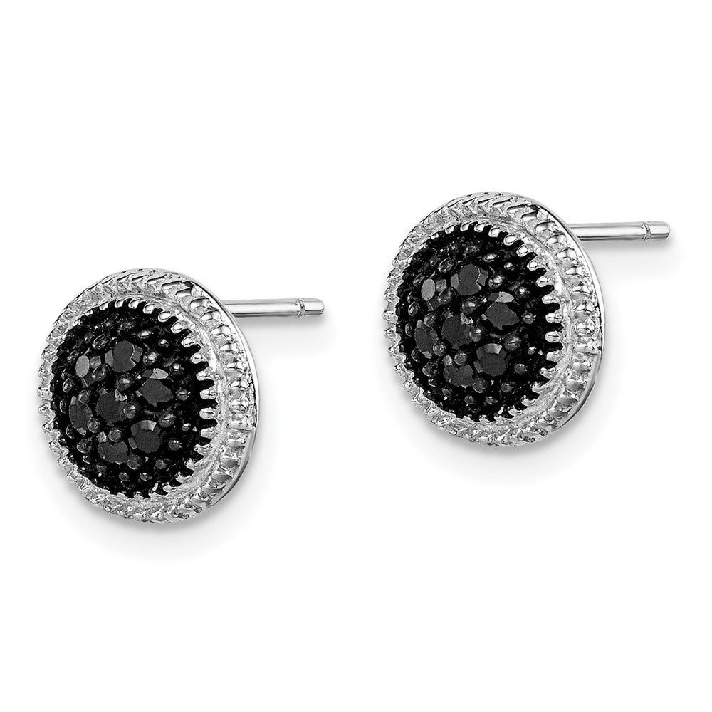 Sterling Silver RH-plated Polished & Textured Black CZ Round Post Earrings