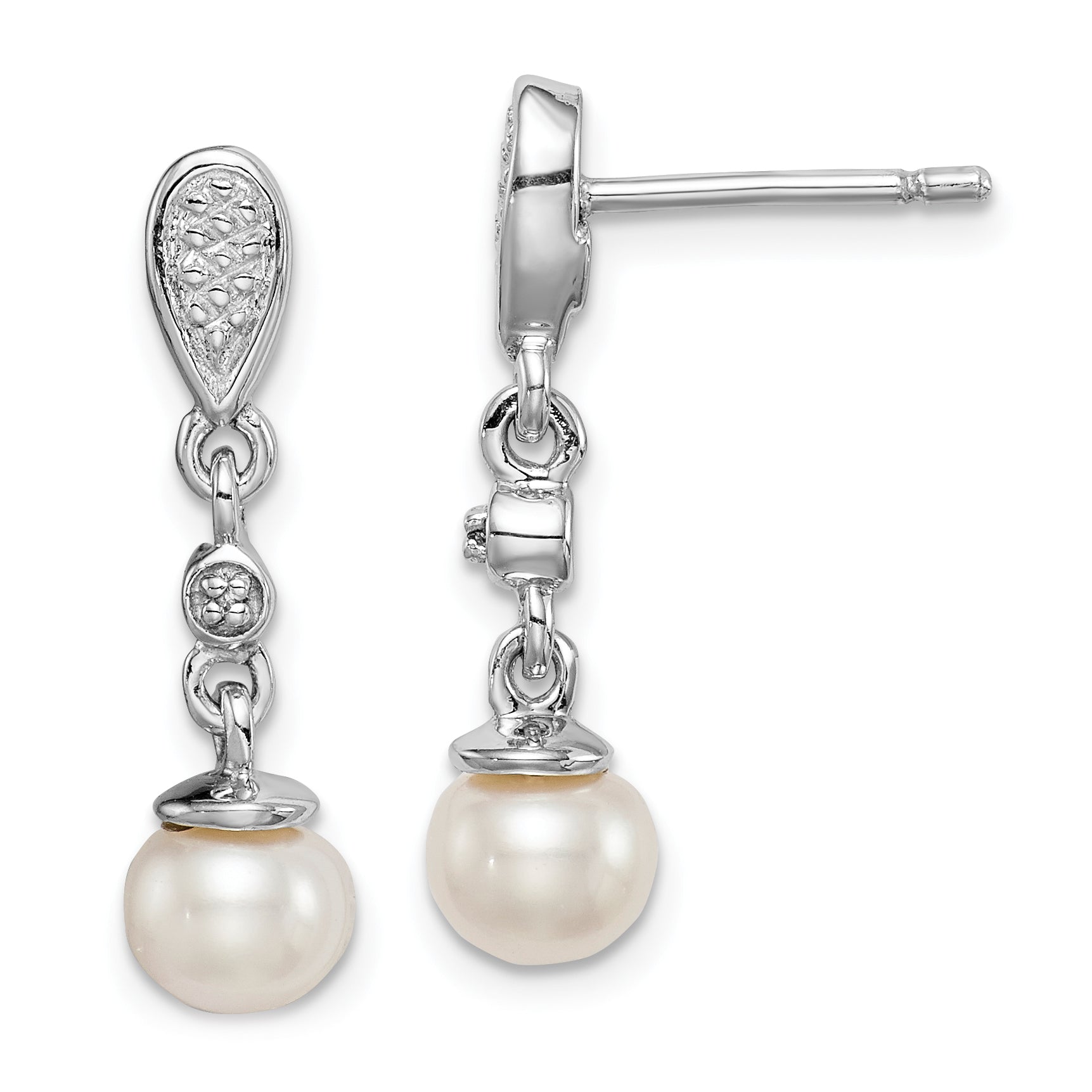 Sterling Silver Rhodium Plated Diamond & Fw Cultured Pearl Earrings Qe9945