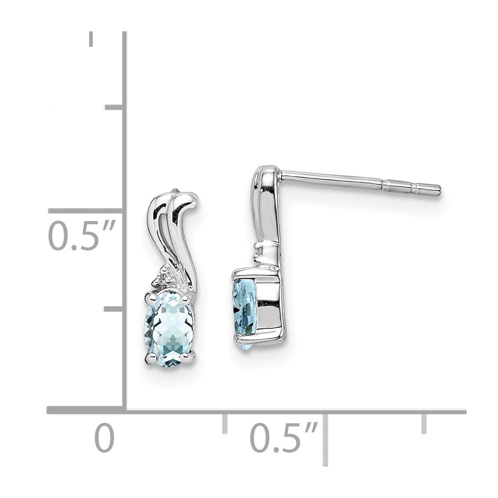 Sterling Silver Rhodium Plated Dia. & Aquamarine Oval Post Earrings
