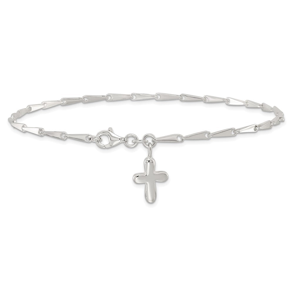 Sterling Silver 9 in Solid Polished Cross on Fancy Link Anklet