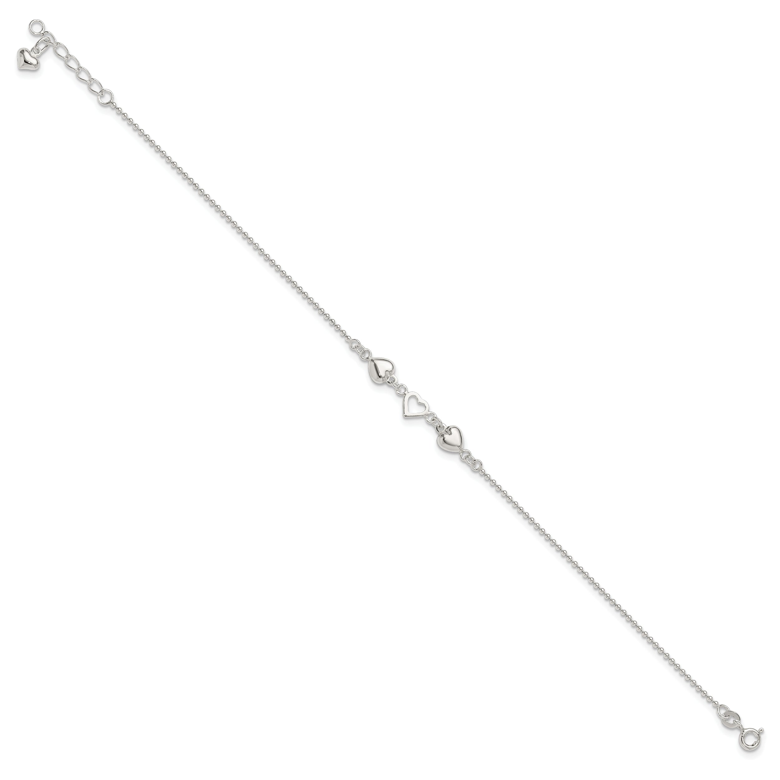 Sterling Silver 9inch Plus 1in Ext Polished Hearts Anklet