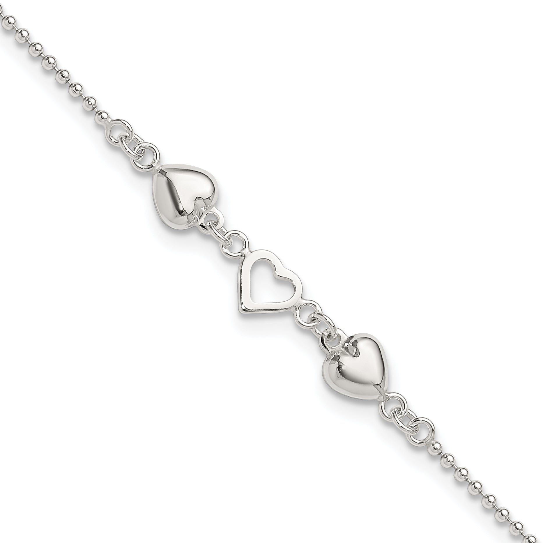 Sterling Silver 9inch Plus 1in Ext Polished Hearts Anklet