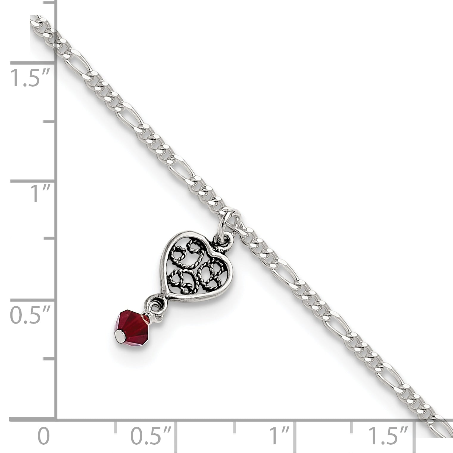 Sterling Silver Dark Pink Crystal Dangling Antiqued Heart 10 inch Anklet