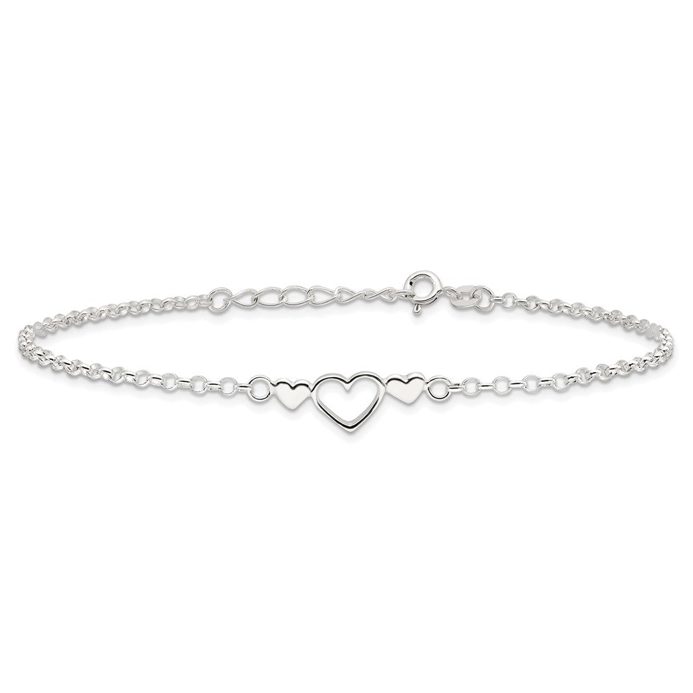 Sterling Silver 9inch Plus 1 in ext. Polished Triple Heart Anklet