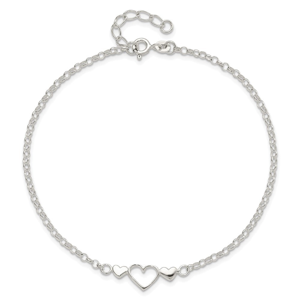 Sterling Silver 9inch Plus 1 in ext. Polished Triple Heart Anklet