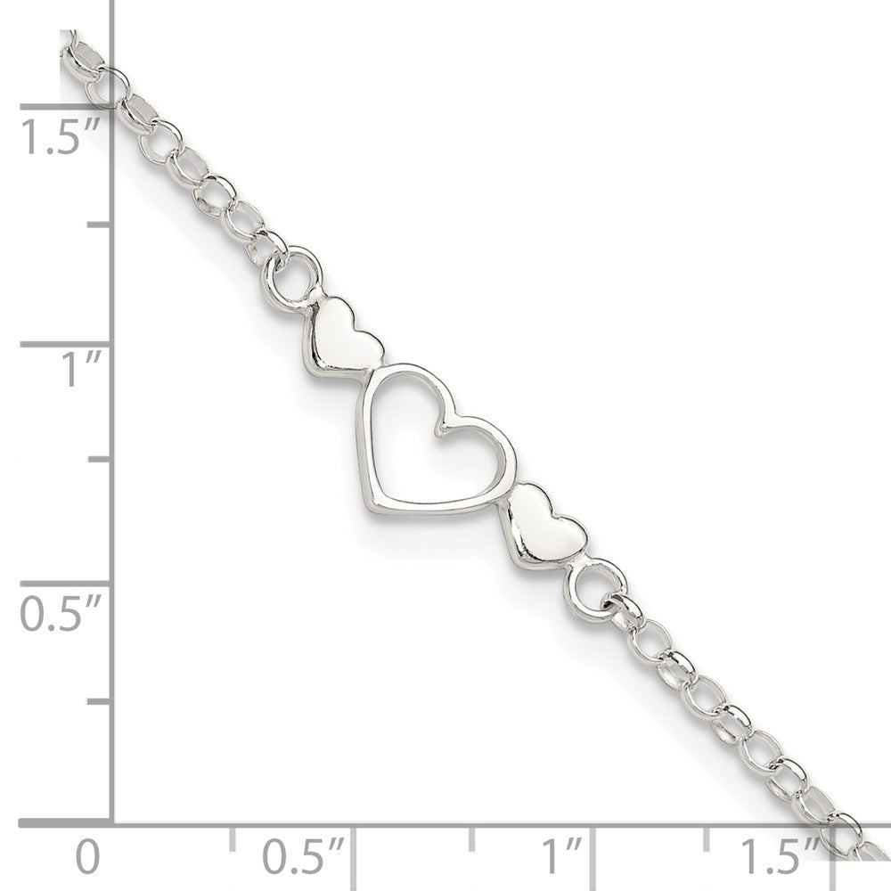 Sterling Silver 9inch Plus 1 in ext. Polished Triple Heart Anklet