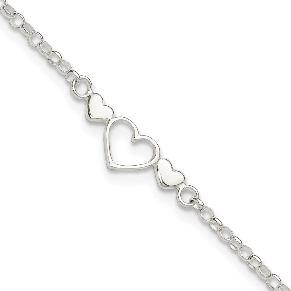 Sterling Silver 9inch Plus 1 in ext. Polished Triple Heart Anklet