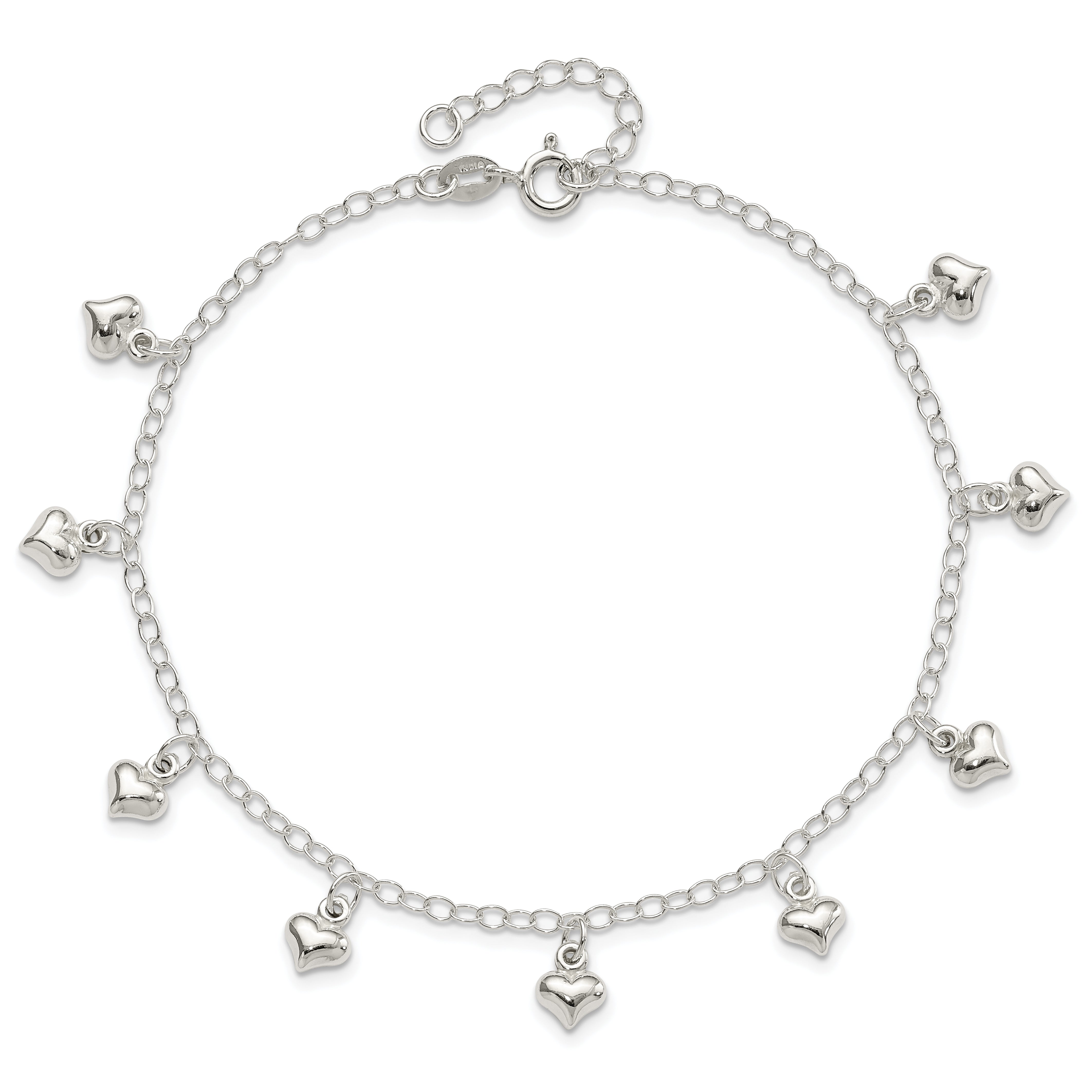 Sterling Silver 9inch Plus 1in Ext Polished Puffed Heart Anklet