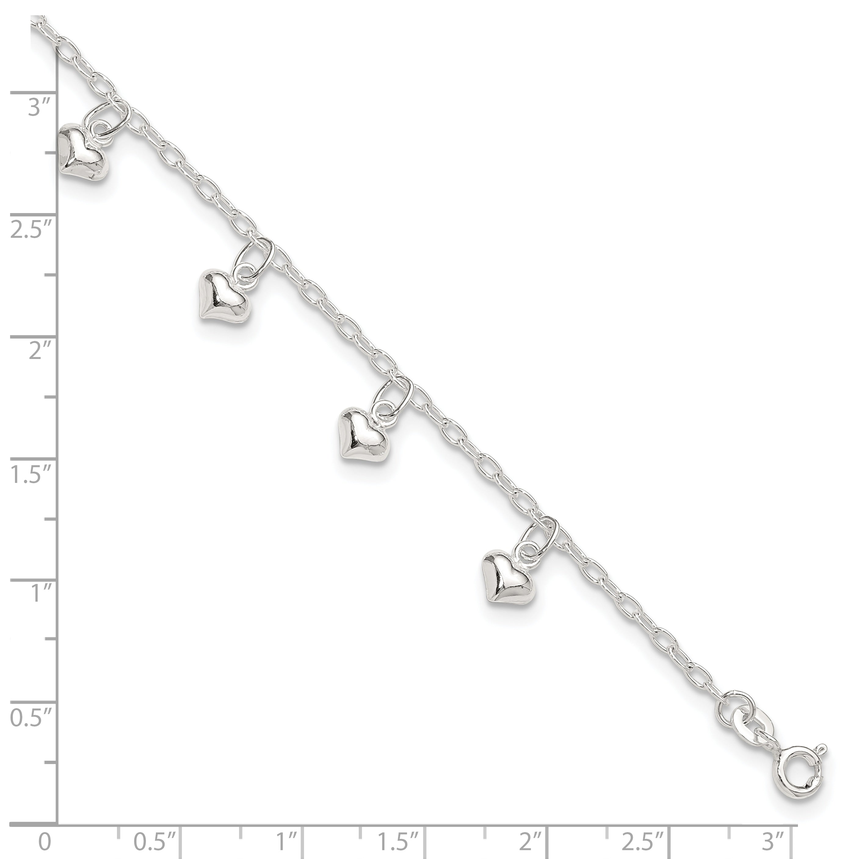 Sterling Silver 9inch Plus 1in Ext Polished Puffed Heart Anklet