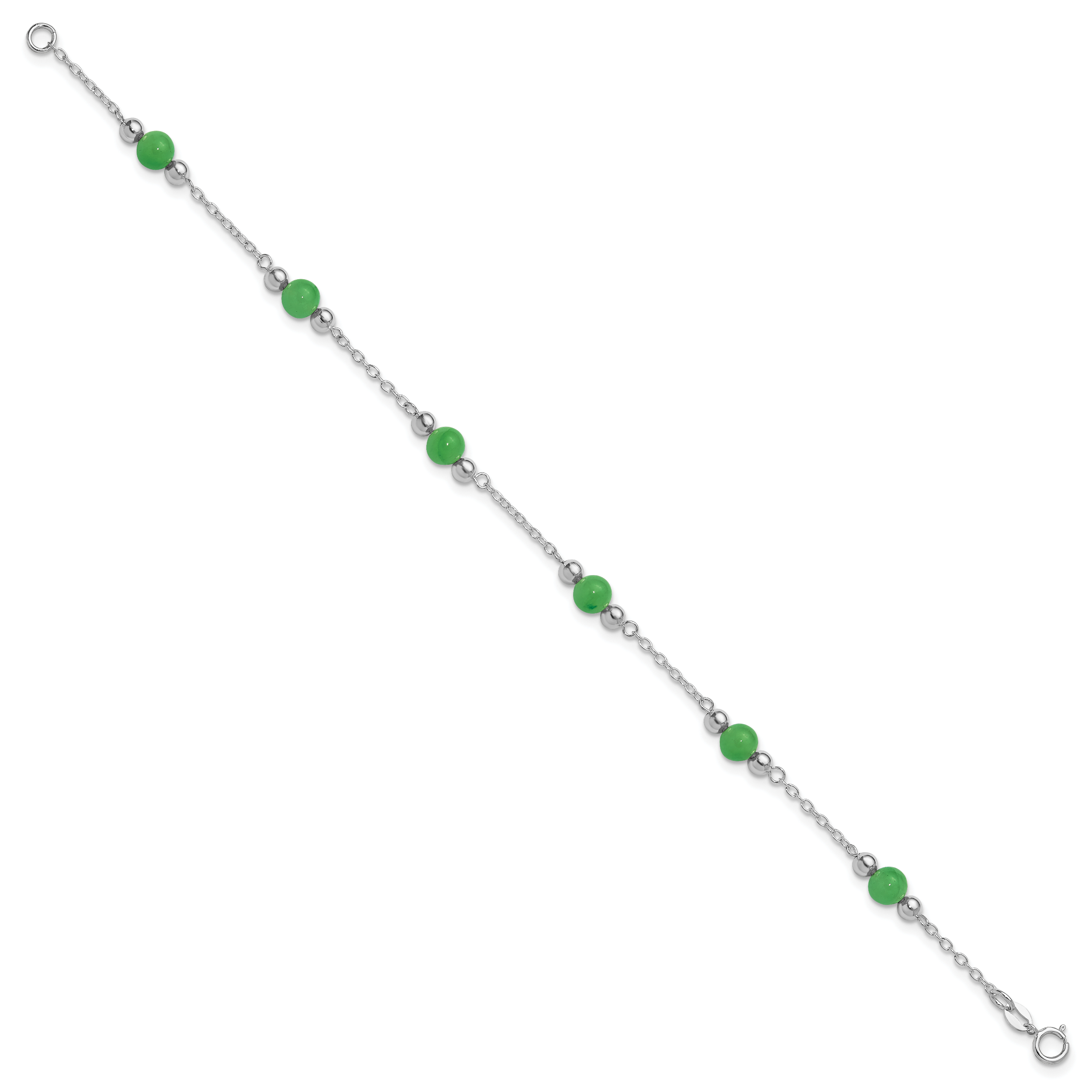 Sterling Silver Rhodium-plated 9inch Polished Green Jade Anklet