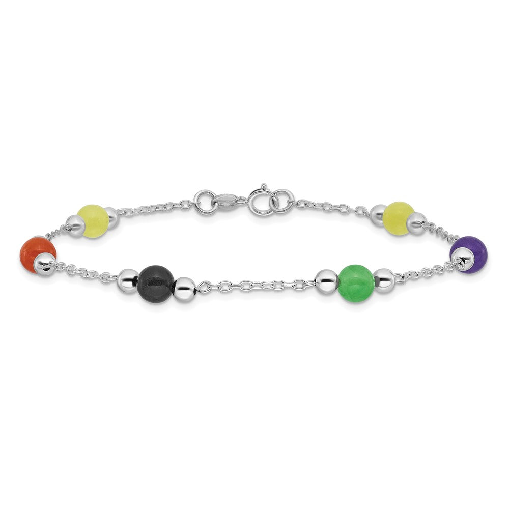 Sterling Silver Rhodium-plated 9inch Polished Multi-Color Jade Anklet