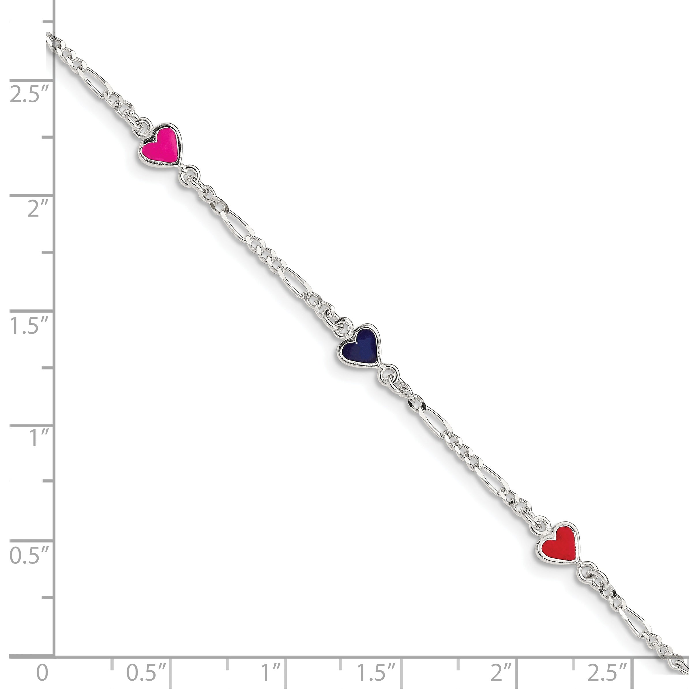 Sterling Silver Polished & Multi-color Enameled Hearts with 1 Inch Extension Children's Bracelet