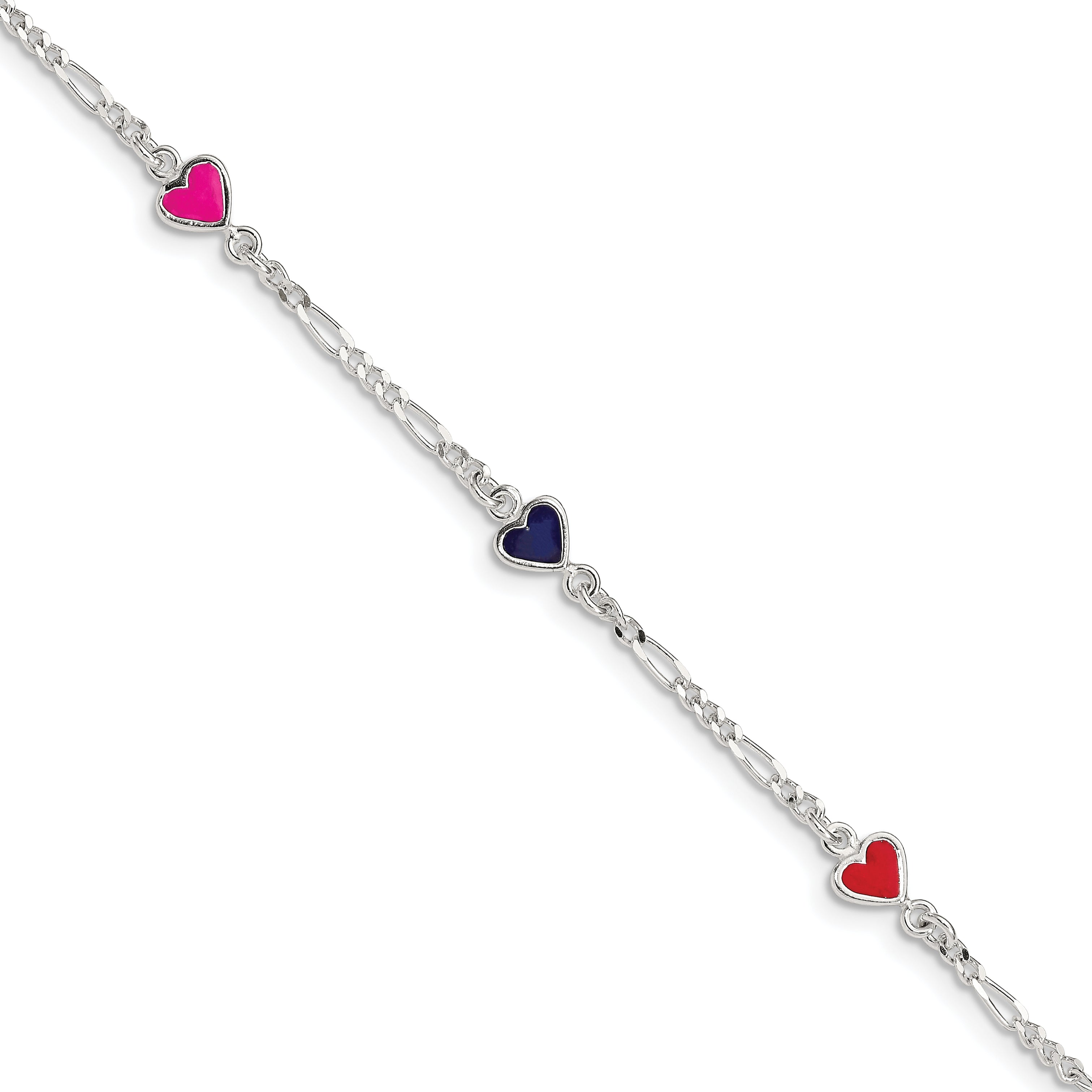 Sterling Silver Polished & Multi-color Enameled Hearts with 1 Inch Extension Children's Bracelet