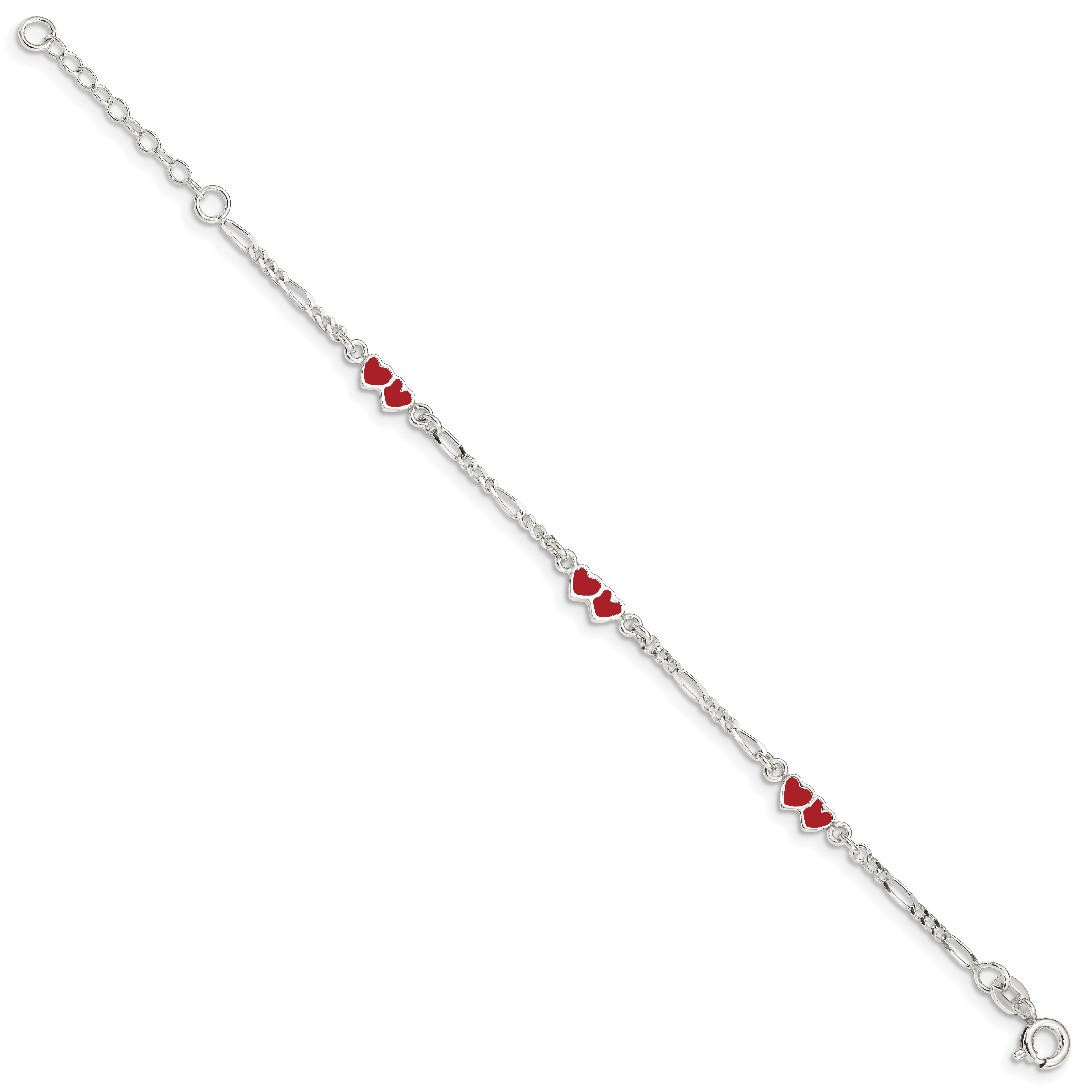 Sterling Silver Polished & Red Enameled Double Heart with 1 Inch Extension Children's Bracelet