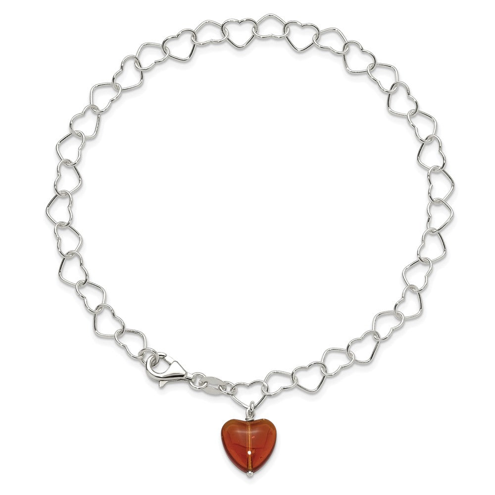 Sterling Silver Link Orange Synthetic Crystal Stone Heart Anklet