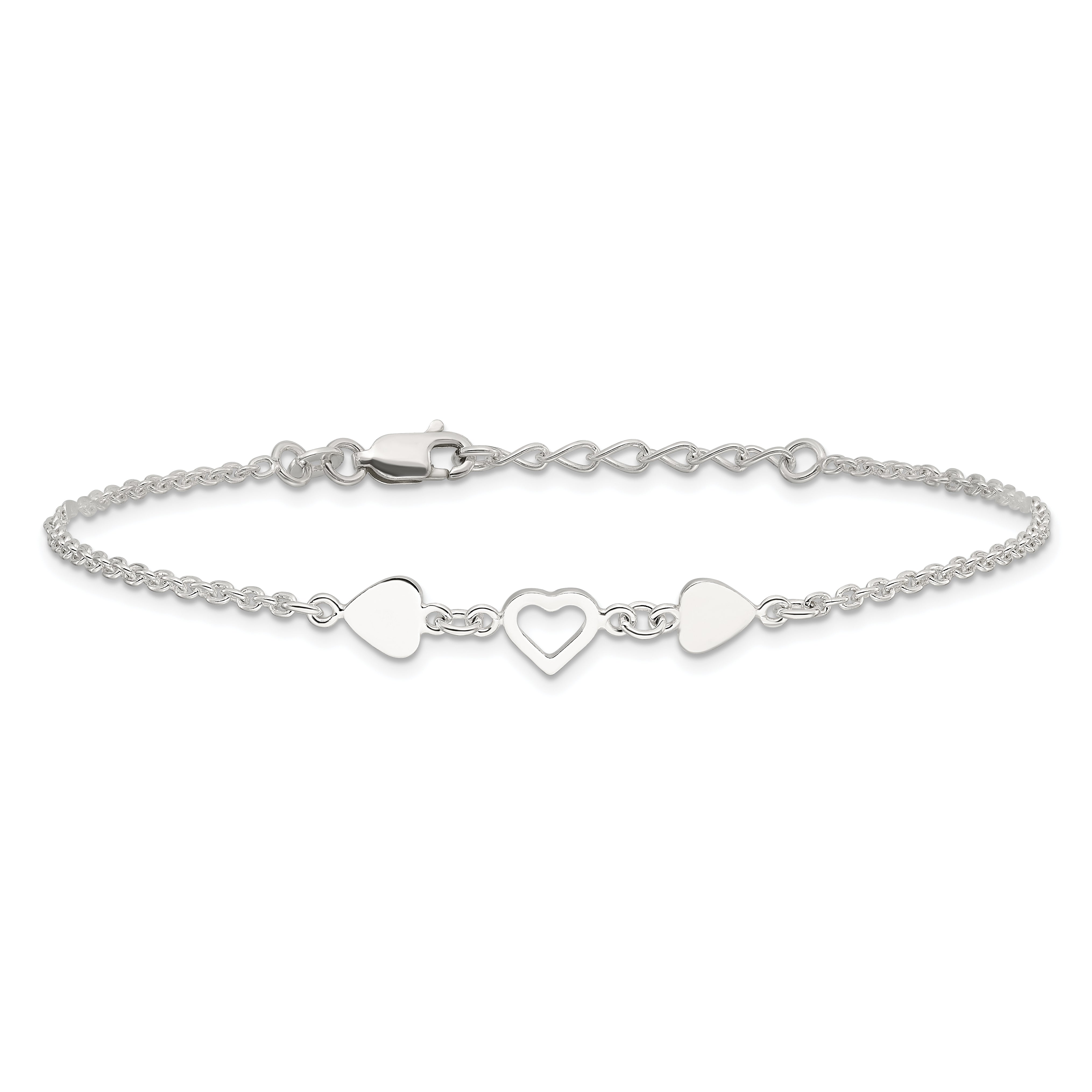 Sterling Silver 8 inch Plus 1in ext.Heart Link Anklet