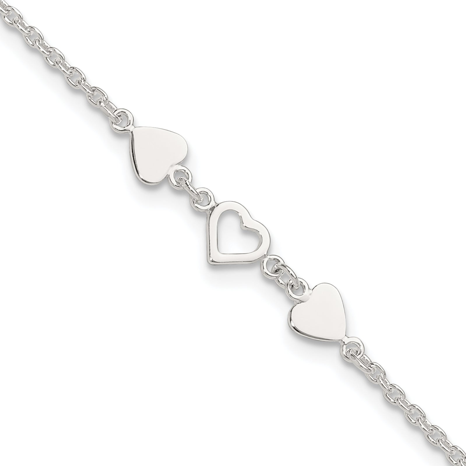 Sterling Silver 8 inch Plus 1in ext.Heart Link Anklet