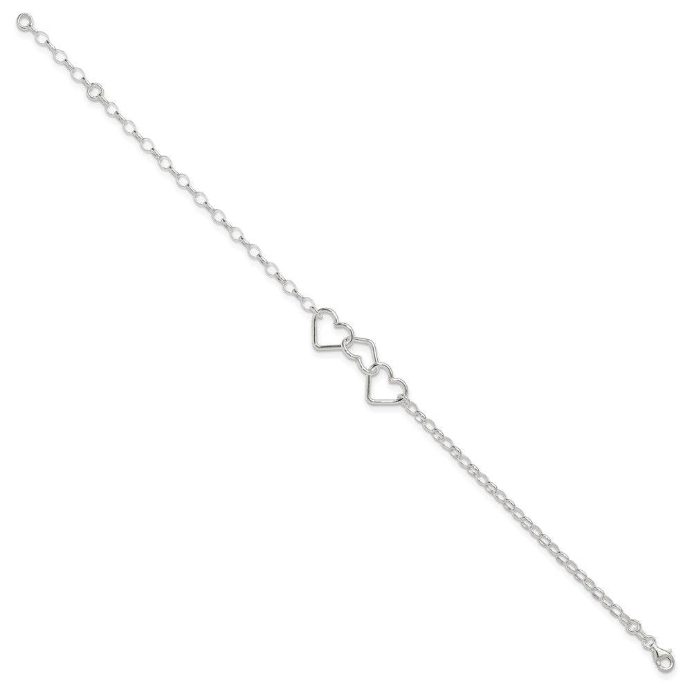 Sterling Silver 8 in Plus 1in Ext Interlocking Hearts Rolo Chain Anklet
