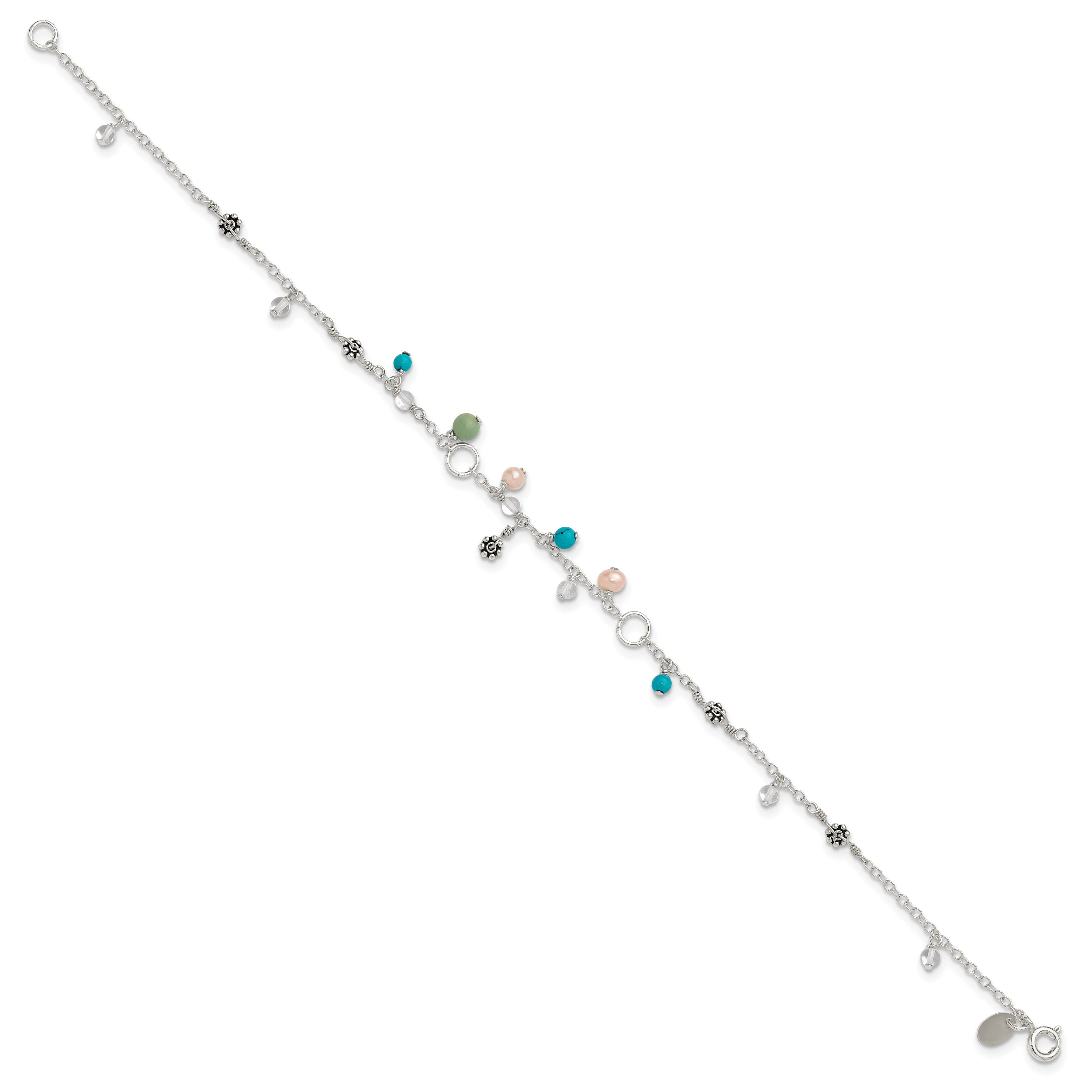 Sterling Silver Turquoise/Clear Bead/FW Cultured Pearl Anklet